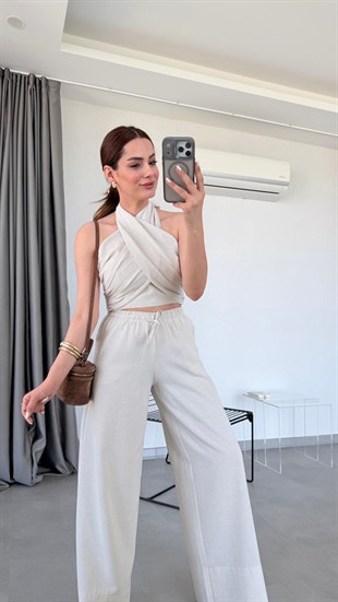 Taş Rengi Evin Halter Yaka Bluz Takım