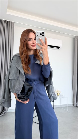 Lacivert Givora Arkadan Fermuarlı Bluz  Pantolon Takım