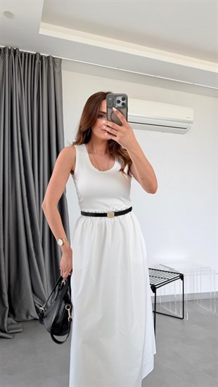 Ekru Polly Kemerli Askılı Elbise