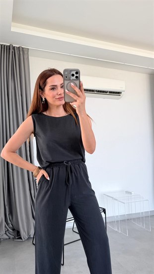 Antrasit Miya Sıfır Kol Bluz Pantolon Takım