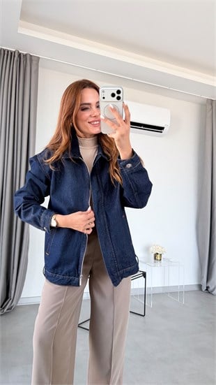 Lacivert Santiago Orginal Marka Kemer Detaylı Denim Ceket