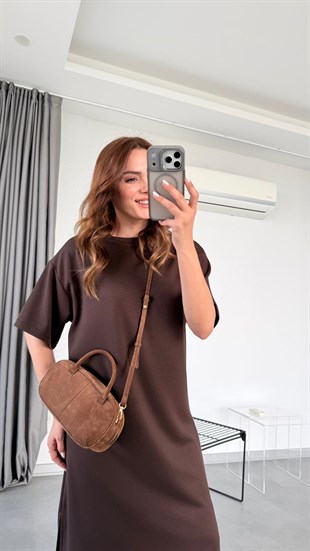 Kahverengi Lady Yırtmaç Detaylı Maxi Elbise