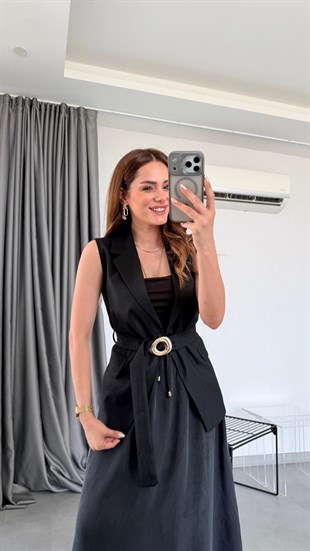 Siyah Febris Kuşaklı Keten Yelek