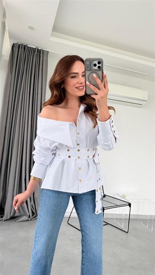 Beyaz Carla Tasarım Model Kemerli Gömlek