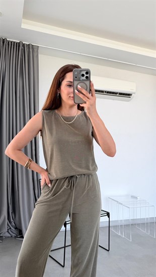 Haki Miya Sıfır Kol Bluz Pantolon Takım