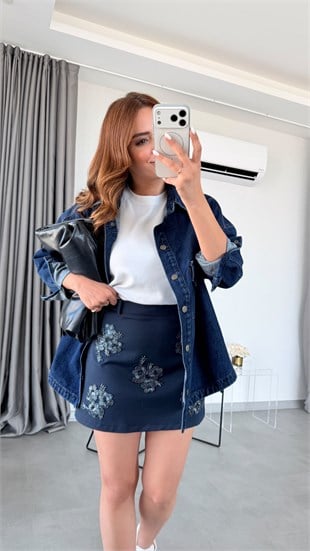 Lacivert Boncuk İşlemeli Mini Etek