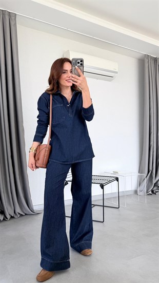 Koyu Mavi Yunara Yırtmaç Detaylı Denim Takım