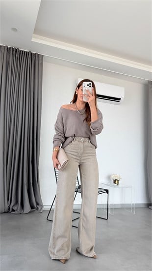 Bej Weno Ekstra Wideleg Denim Pantolon