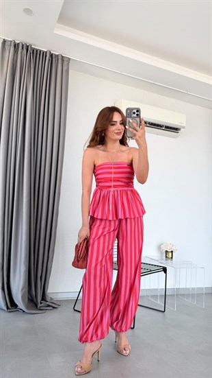 Nar Çiçeği Teria Çizgili Straplez Bluz Pantolon Takım