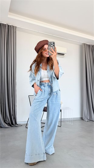 Açık Mavi Freve Gömlek Pantolon Denim Takım