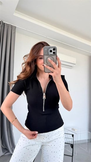 Siyah Bloom Fermuar Detaylı Bluz