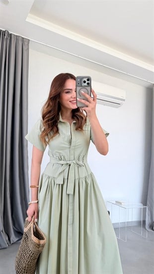 Yeşil Lindon Kemer Detaylı Gömlek Elbise