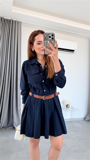 Lacivert Wels Çıtçıtlı Eteği Pileli Gabardin Gömlek Elbise
