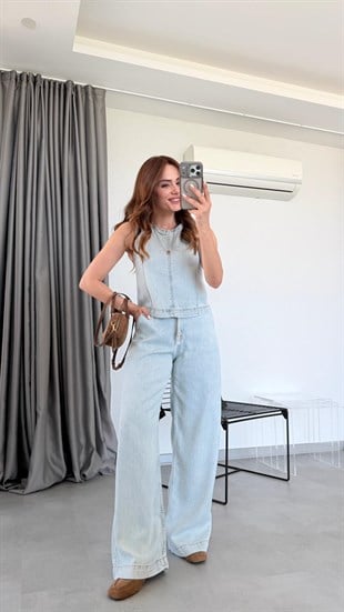 Buz Mavi Galadriel Sıfır Kol Denim Bluz Pantolon Takım
