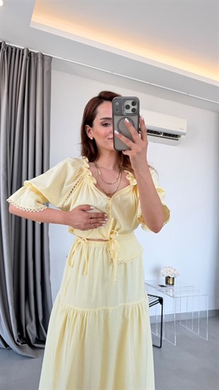 Sarı Jade Dantel Detaylı Takım
