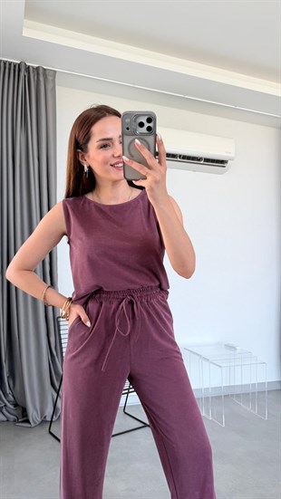 Bordo Miya Sıfır Kol Bluz Pantolon Takım