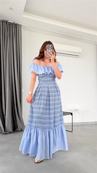 Mavi Madonna Yaka Desenli Kemerli Elbise