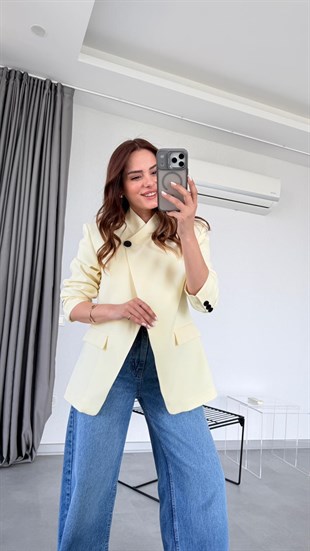 Sarı Tek Düğme Detaylı Blazer Ceket