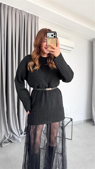 Etek Ucu Tül Detaylı Triko Elbise