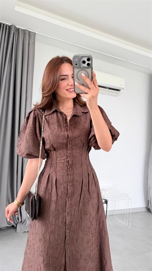 Kahverengi Elena Balon Kol Çiçek Desenli Elbise