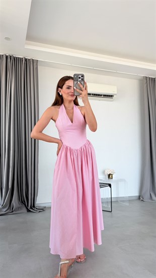 Pembe Fleur Pötikareli Askılı Elbise