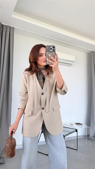 Taş Rengi İp Detaylı Blazer Ceket