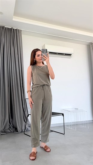 Haki Miya Sıfır Kol Bluz Pantolon Takım
