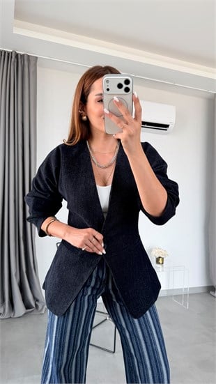 Lacivert Majuro Belden Oturtmalı Kadife Blazer Ceket