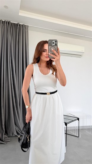 Ekru Polly Kemerli Askılı Elbise