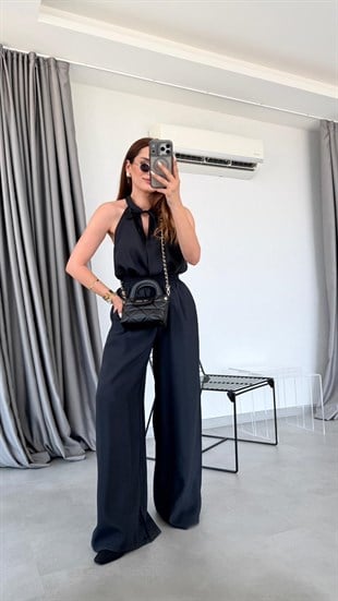 Siyah Castor Halter Yaka Bluz Pantolon Takım