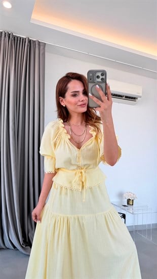 Sarı Jade Dantel Detaylı Takım