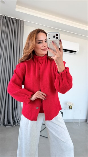 Kırmızı Sanca Örgü Çıtçıtlı Bomber Ceket