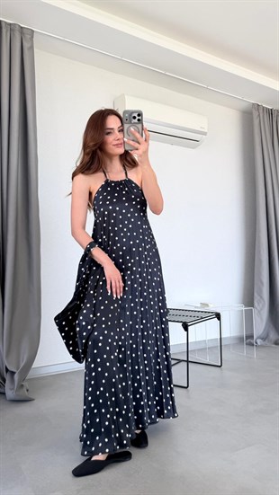 Siyah Mila Puantiyeli Çantalı Elbise