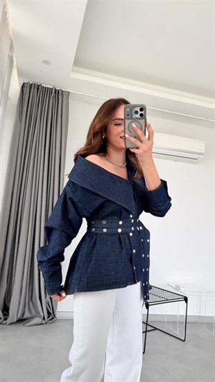 Lacivert Carla Tasarım Model Kemerli Gömlek