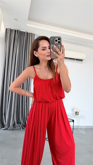 Kırmızı Elba İp Askılı Bluz Pantolon Takım