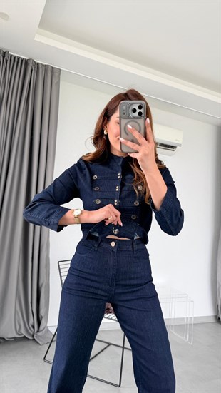 Lacivert Agraflı Tasarım Denim Takım