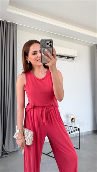 Nar Çiçeği Miya Sıfır Kol Bluz Pantolon Takım