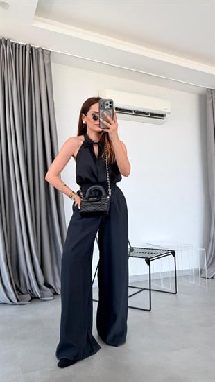 Siyah Castor Halter Yaka Bluz Pantolon Takım