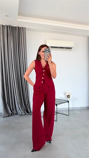Bordo Venedik Gold Düğme Detaylı Yelek Pantolon Takım