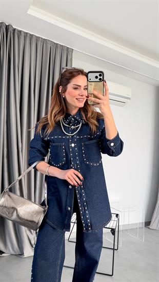 Zımba Detaylı Denim Ceket Pantolon Takım