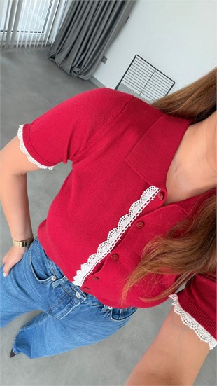 Kırmızı Britney Dantelli Yarım Kol Hırka