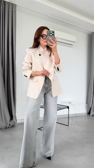 Taş Rengi Tek Düğme Detaylı Blazer Ceket