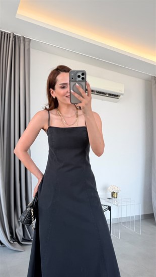 Siyah Luton İp Askılı Elbise
