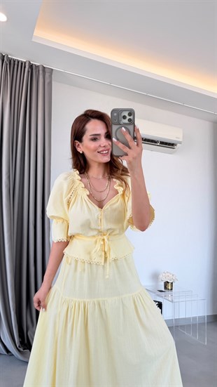 Sarı Jade Dantel Detaylı Takım