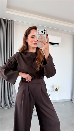 Kahve Sanca Arka Beli Lastikli Geniş Paça Pantolon