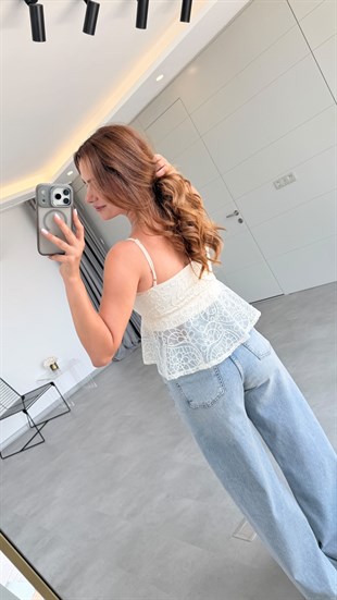 Ekru Havana Askılı Dantelli Crop