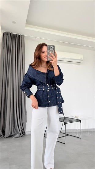 Lacivert Carla Tasarım Model Kemerli Gömlek