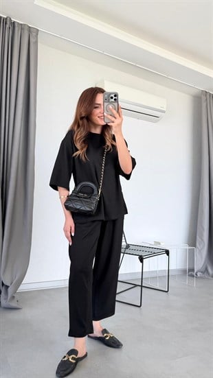 Siyah Daisy Yanları Yırtmaçlı Modal Takım