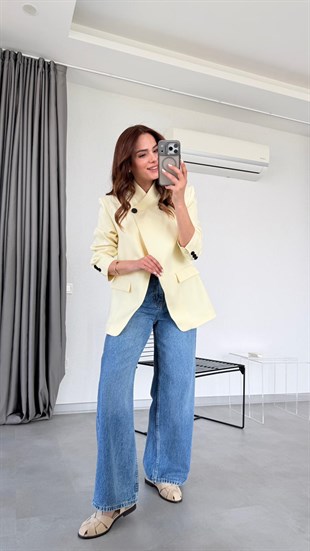 Sarı Tek Düğme Detaylı Blazer Ceket