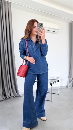 Mavi Yunara Yırtmaç Detaylı Denim Takım